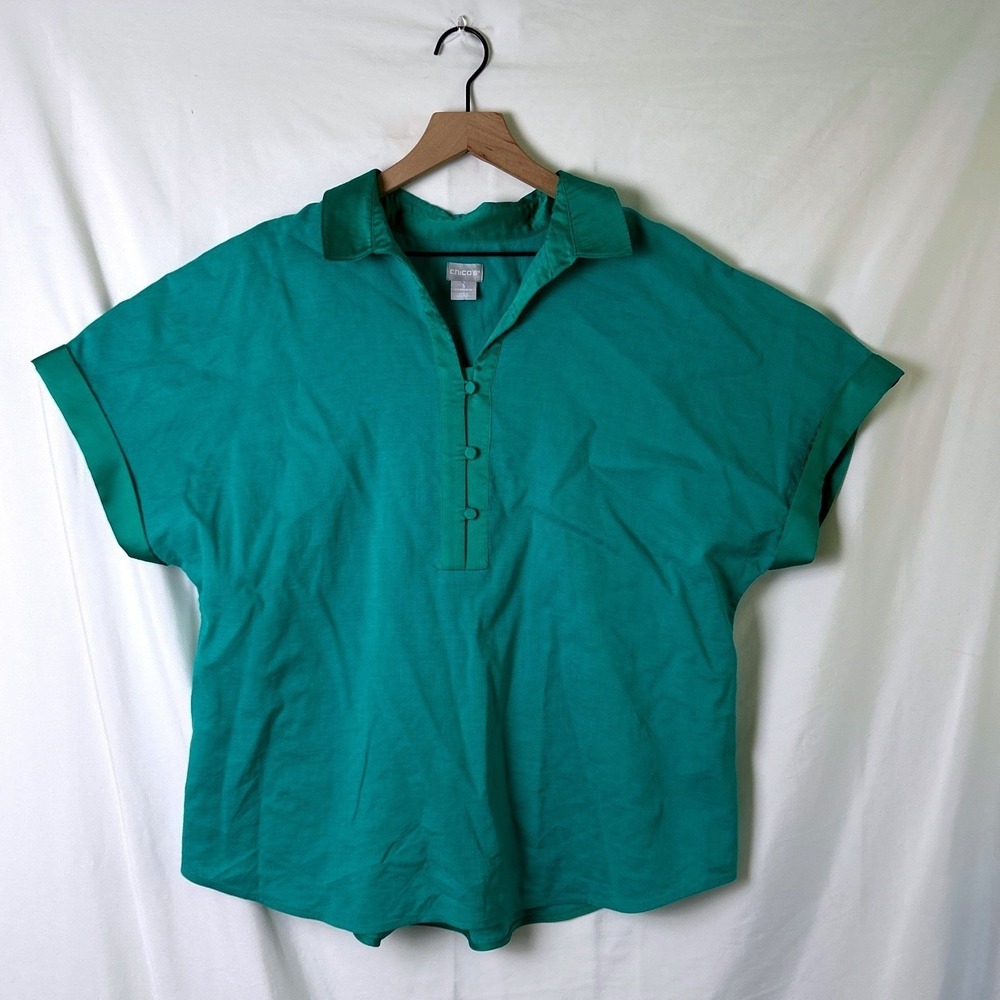 Chico's Women Linen Blend Short Sleeve Popover Blouse Size 3/XL Green Summer